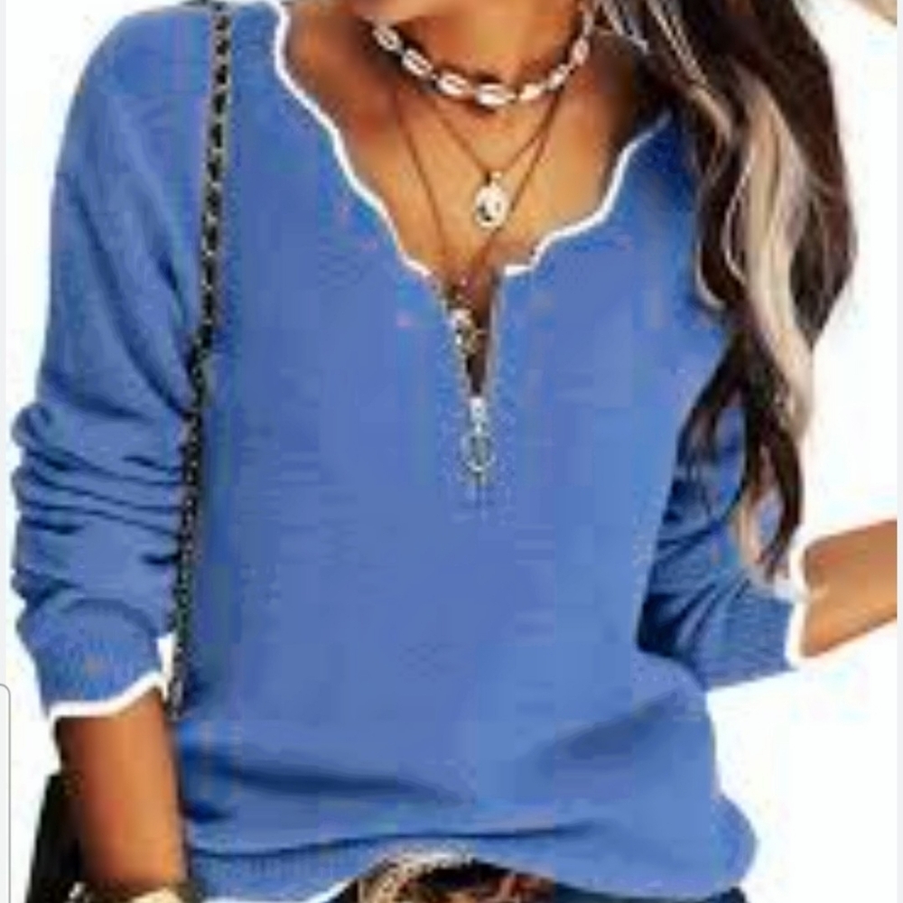 MISSLOOK Blue V-Neck Sweater with Zipper Wool